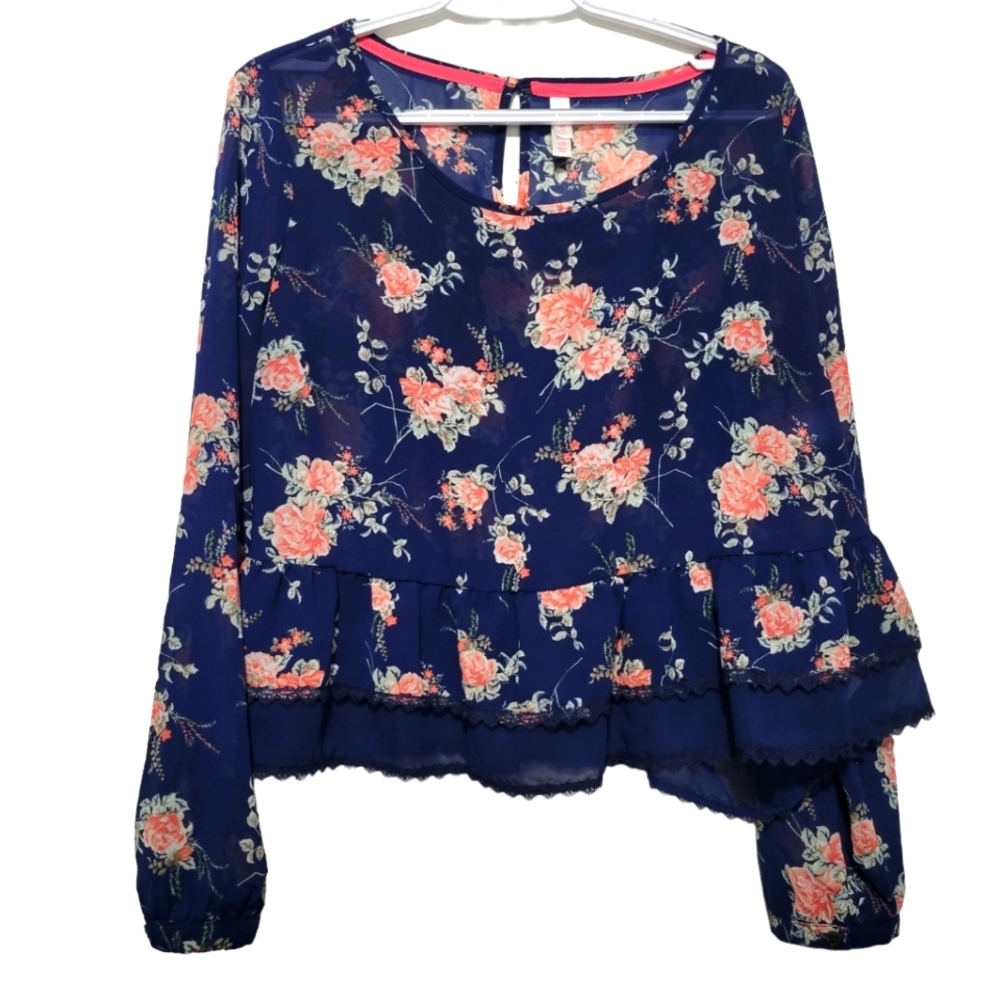 Xhilaration Blue Floral Sheer Blouse Size Large